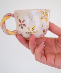 Vintage  Mug - Flower Designed Coffee Mug - Ceramic Coffee Cup - Colorful Handled - Special Gift for Home/Minimalist Design