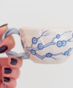 Pottery Mug, Blue Ceramic Coffee and Tea Cup, Floral Mug