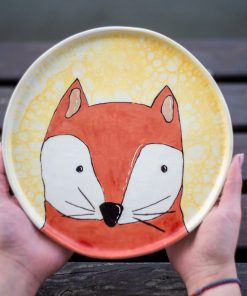 Red Fox Plate 25 CM | Handmade Children Plate | Animal Decorated Dish | Handmade Vivid Colors Fox Decor | Fox Happy Meal Plate