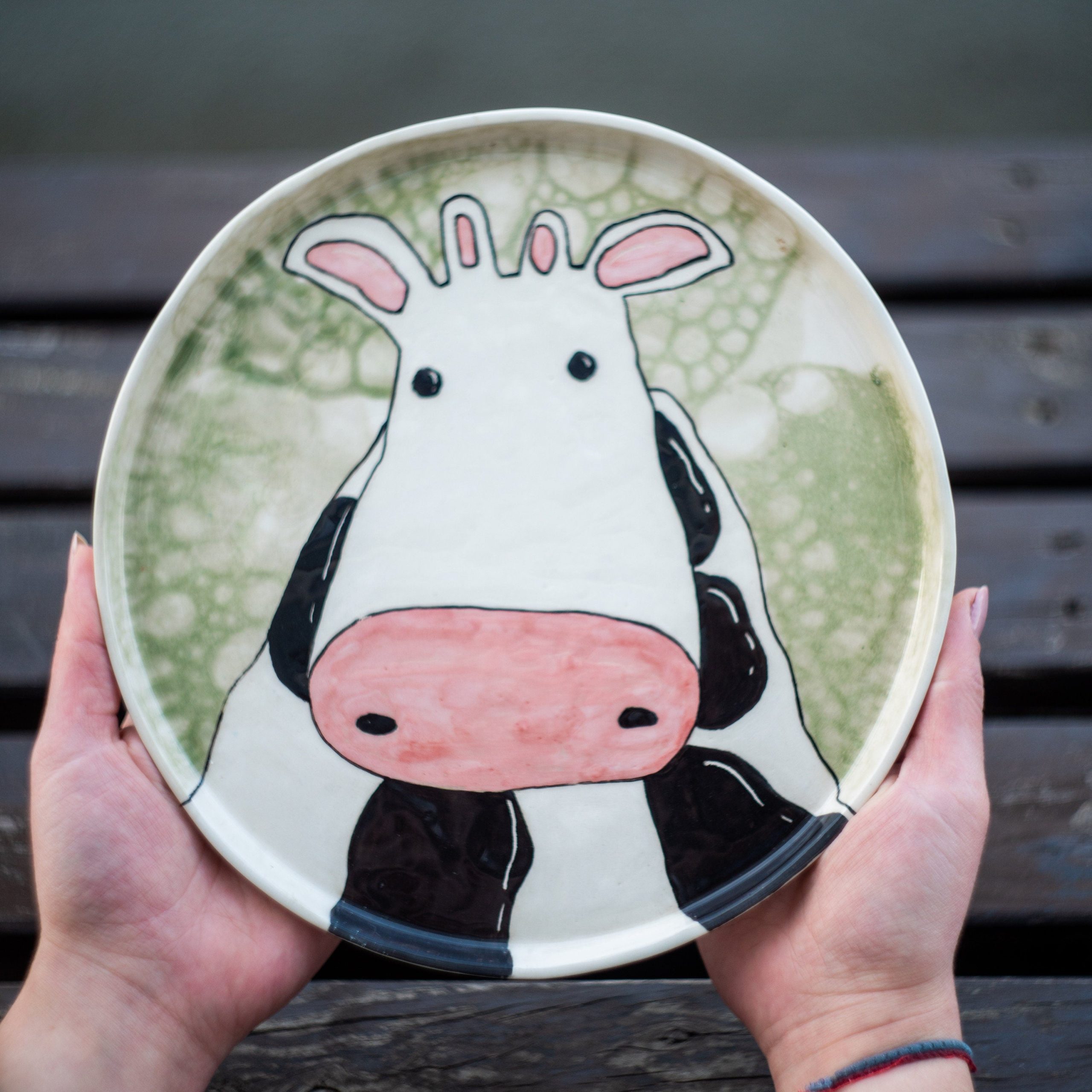 Handmade Ceramic Cow Plate: Vivid Colors, Children's Meal Plate (25 CM)