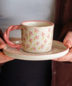 Minimalist Flowers Coffee Cup and Saucer | Handmade Coffee Cup Blossom Decor | Decorative Floral Coffee Cup | Pink Blossom Coffee Cup