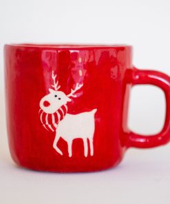 Cute Reindeer Coffee Cup | Animal Coffee Pottery | Red Coffee Pottery - Handmade and Hand-painted Coffee Cup - Special Product - Limited