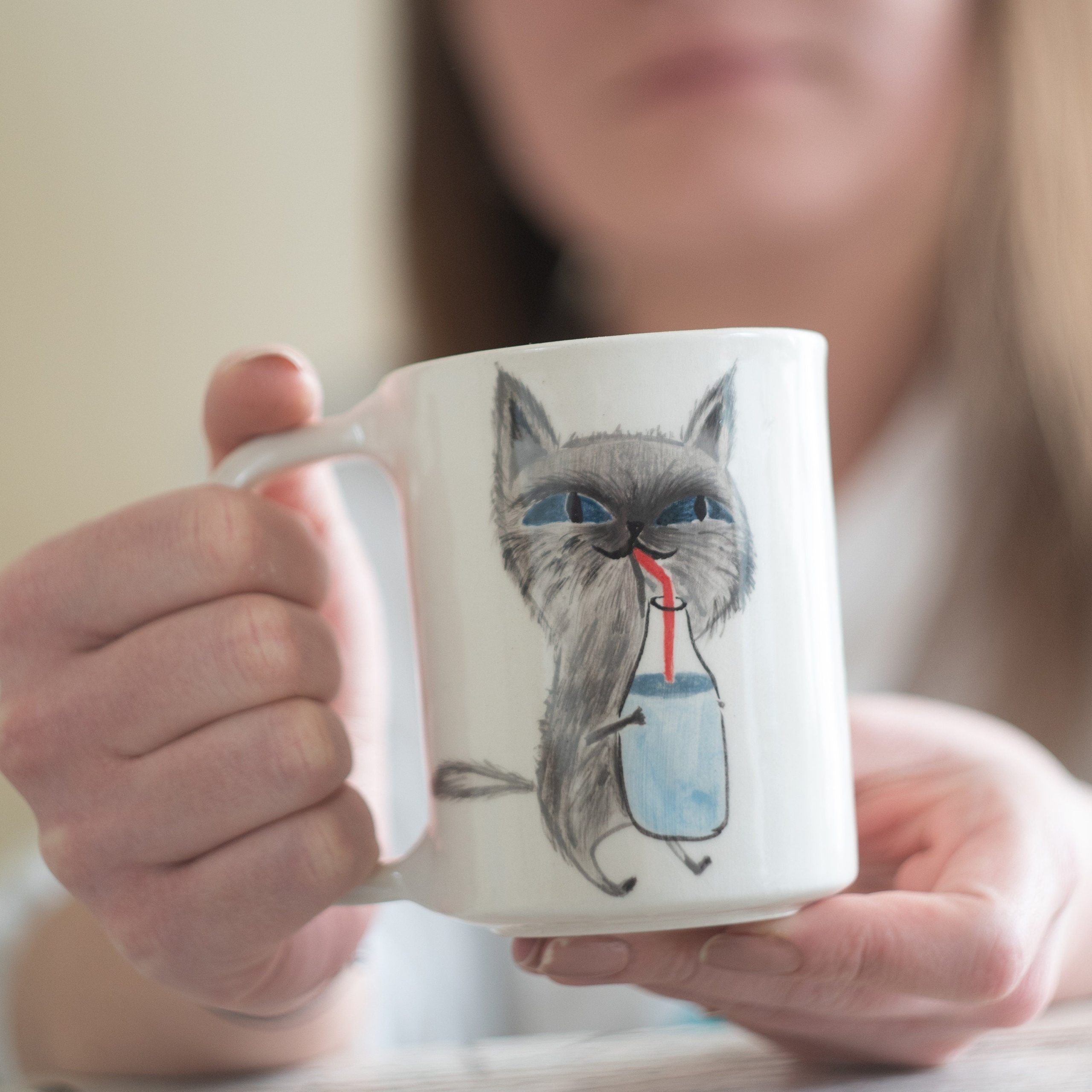 Cat Mom Mug - Ceramic Mug, Adorable Kitty Drinking Milk - Unique Gift - Cat Lover Coffee Cup - Valentines Day Gift