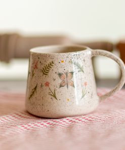 Butterfly Coffee Mug, Handmade Ceramic Spring Theme Coffee Mug, Flowers, Bees and Butterflies, Warm Gift Idea