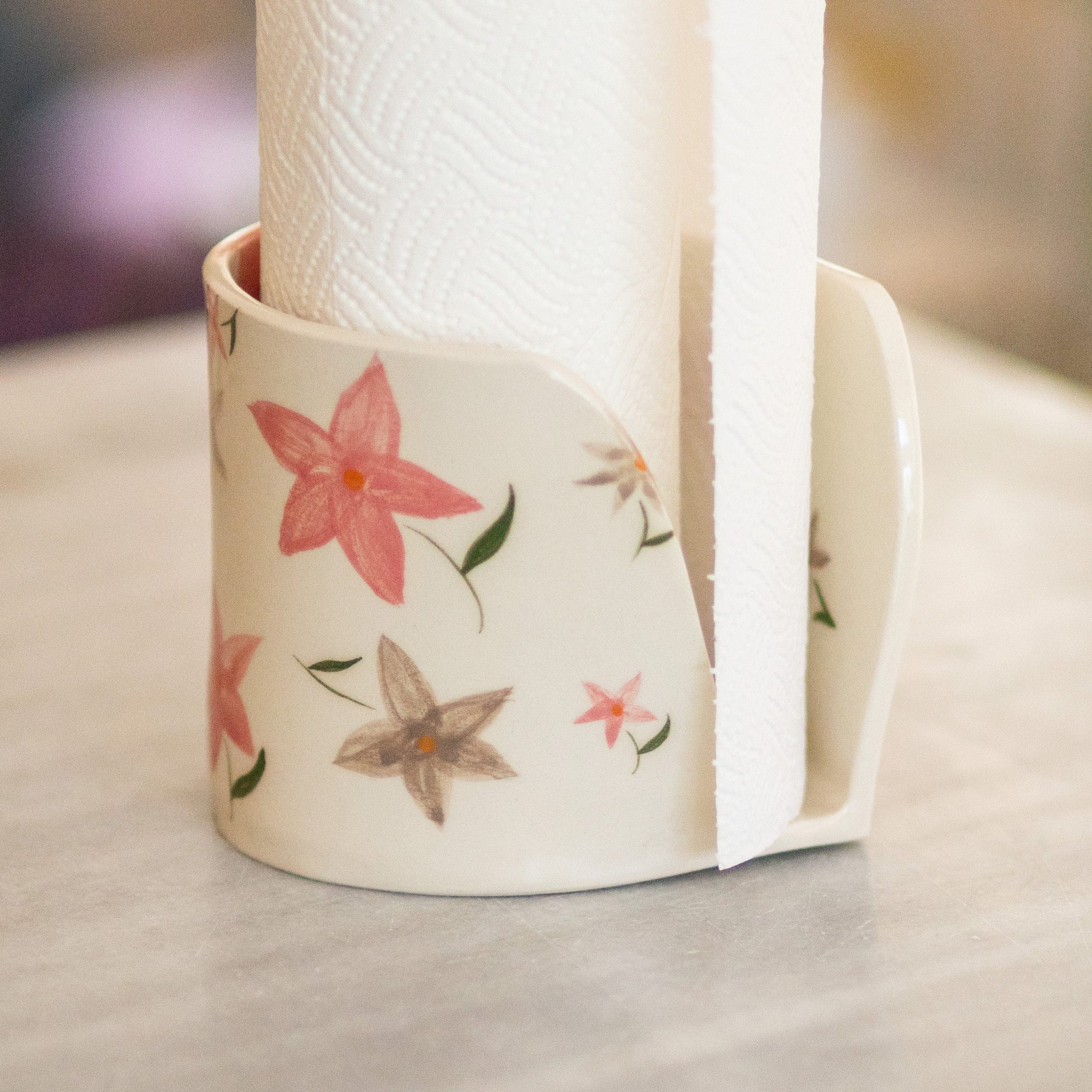 Ceramic Towel Holder, Handmade Paper Towel Holder, Floral Kitchen Decor