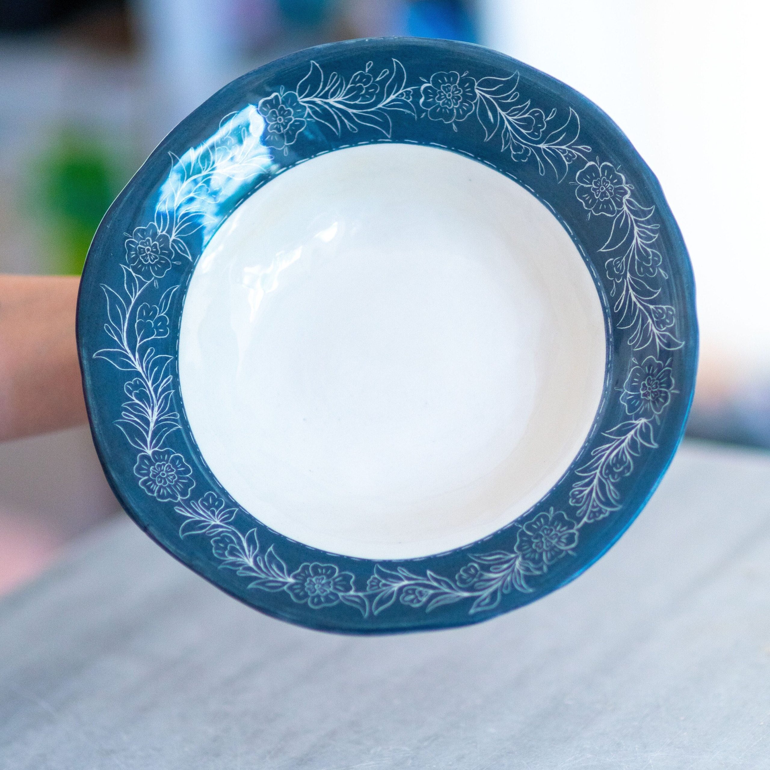 Pottery Dinnerware, Blue Blanc Plate, Handmade Ceramic Dinnerware Flower Theme, Housewarming Gift Idea