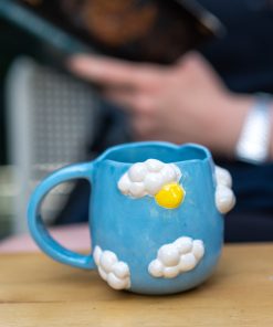 Blue Sky Coffee Pottery, Handmade Colorful Coffee Mug, Sun and Sky Theme, Decorative Rustic Coffee Mug
