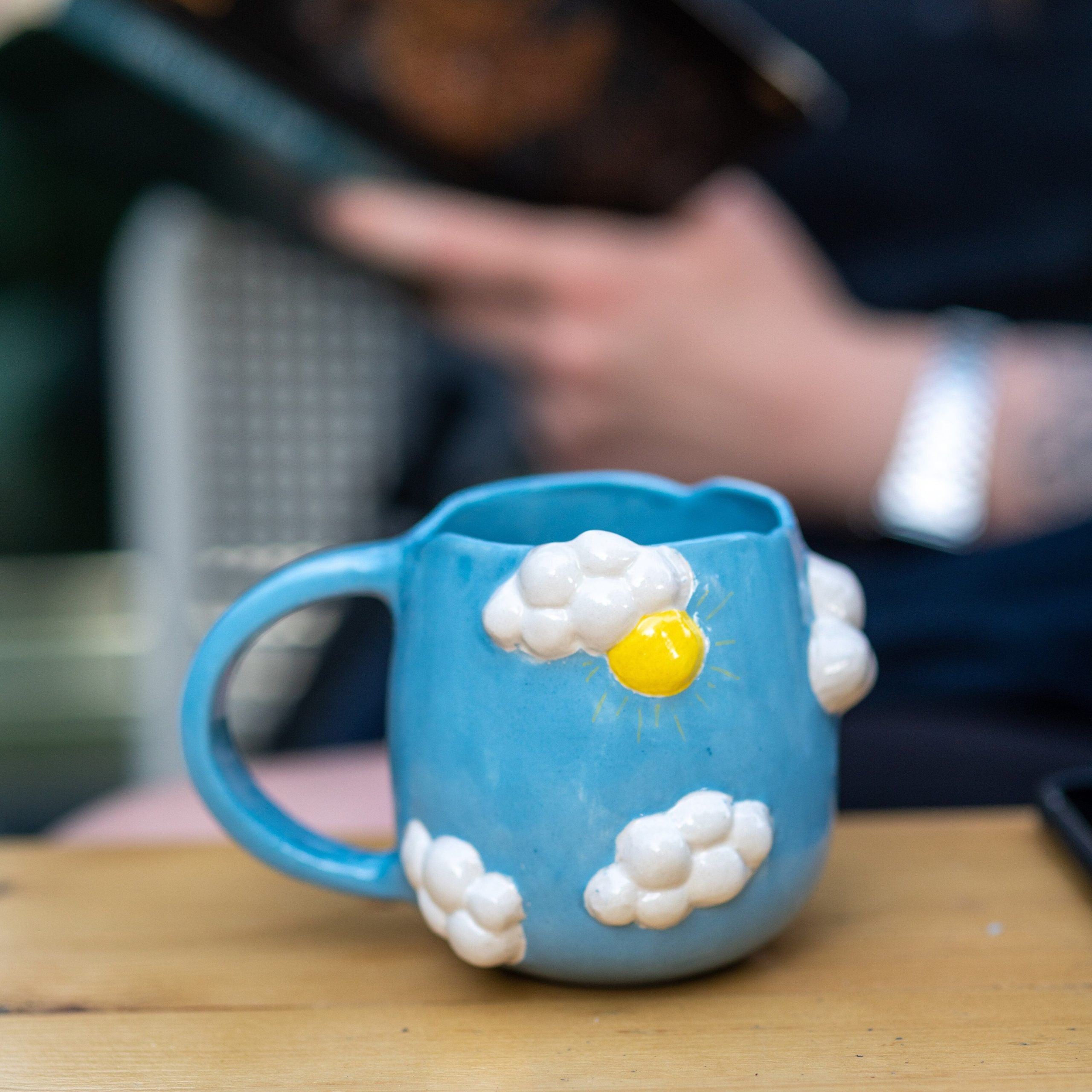 Blue Sky Coffee Pottery, Handmade Colorful Coffee Mug, Sun and Sky Theme, Decorative Rustic Coffee Mug