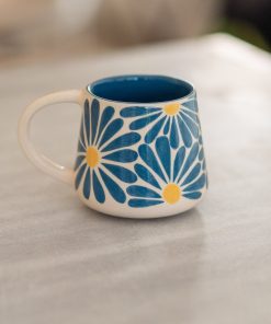 Floral Coffee Mug, Handmade Large Mug, Blue Flower Ceramic Mug