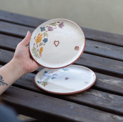 Ceramic Plate Set, Hand Carved Plate, Handmade Dinnerware Sets, Floral Theme Terracotta Plate