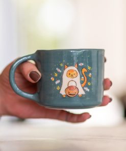 Black Cat Halloween Mug ﾨC Handmade Ceramic Coffee Mug, Spooky Witch Cat Cup with Pumpkin, Unique Halloween Gift for Cat Lovers