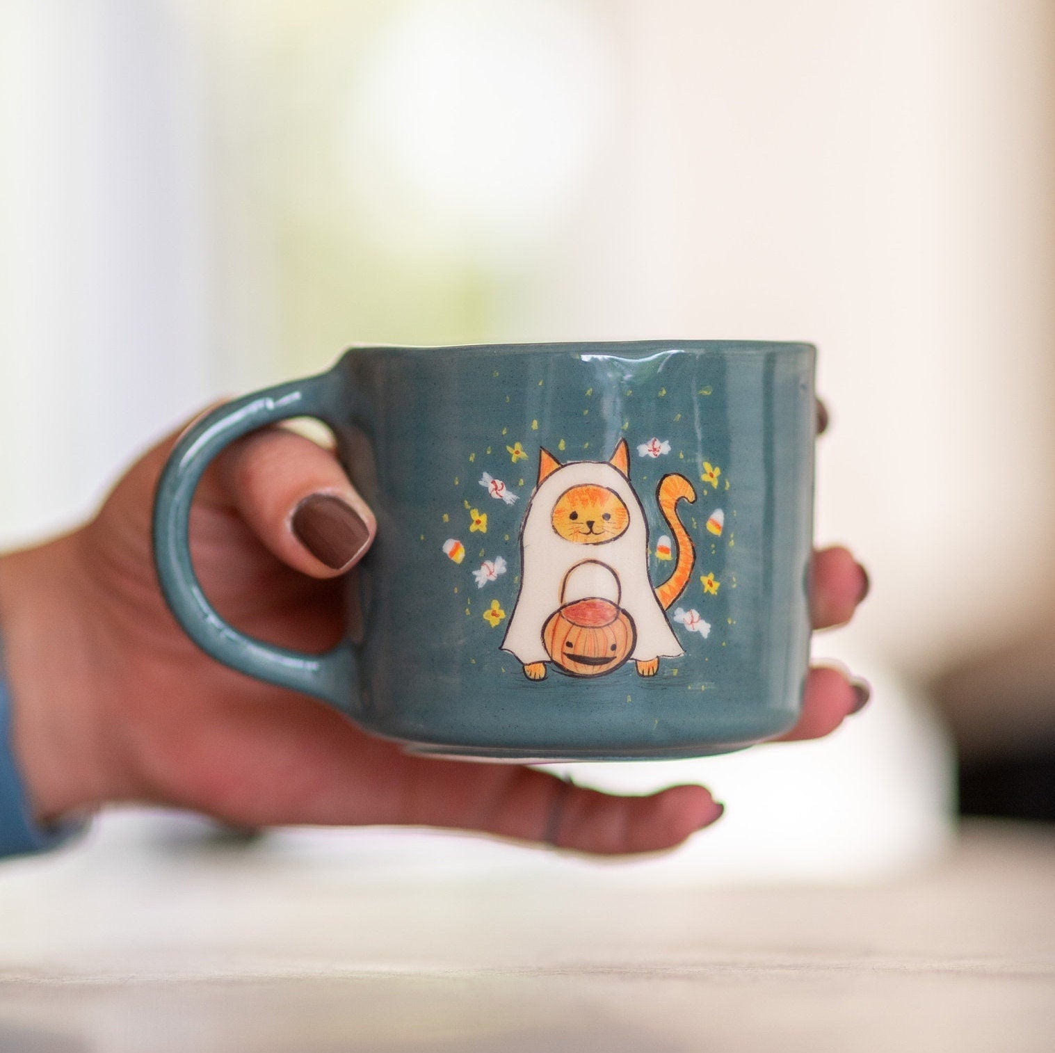 Black Cat Halloween Mug ᄄC Handmade Ceramic Coffee Mug, Spooky Witch Cat Cup with Pumpkin, Unique Halloween Gift for Cat Lovers