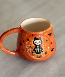 Skeleton, Halloween Mug, Handmade Black Cat Coffee Mug, Funny Mug, Ceramic Cat Mom Mug
