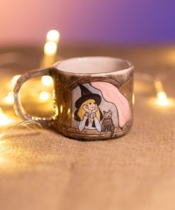 Halloween Witch and Cat Ceramic Mug, Handmade Halloween Gift, Pottery Coffee Mug
