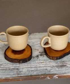 Espresso Cup Set, Handmade Stoneware Coffee Cups with Wooden Saucer