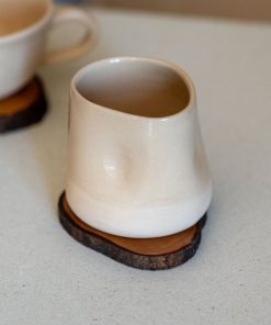 Stoneware Coffee Mug, Ceramic Wine Cup, Pottery Mug and Wooden Coaster