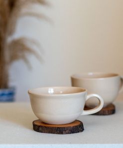 Stoneware Mug Set, Handmade Latte Mug, Tea Cup and Wooden Saucer | Housewarming Gift Idea