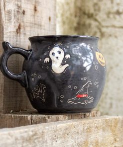 Halloween Mug, Cauldron Ceramic Coffee Mug, Witch Hat - Ghost - Pumpkin Decorated Pottery Mug