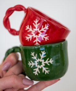 Christmas Gift Pottery Coffee Mug Tea Cup, Snowflake Decorated Mug Set
