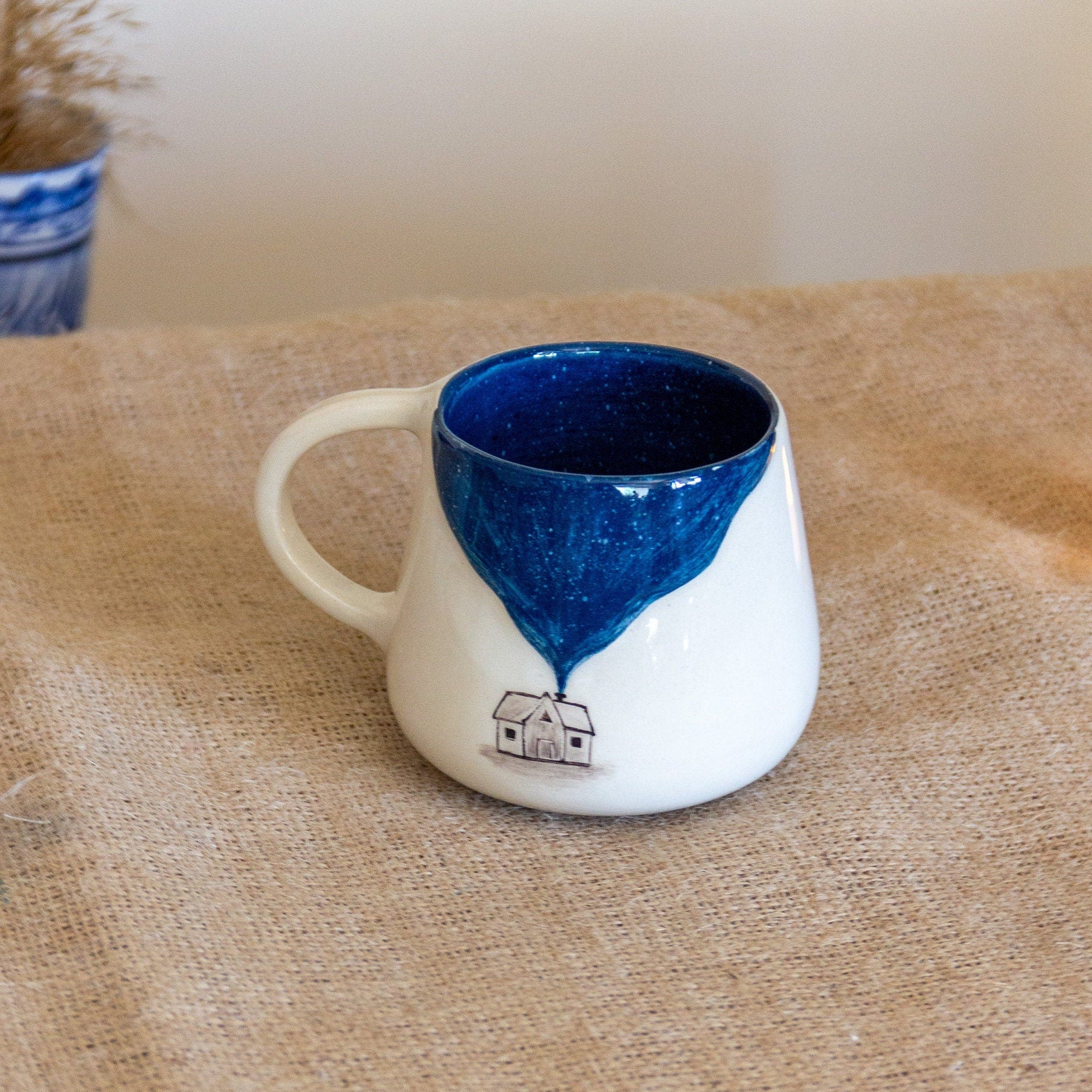 Pottery Mug Night and Stars, Handmade Ceramic Coffee Mug, Blue Sky Decorated