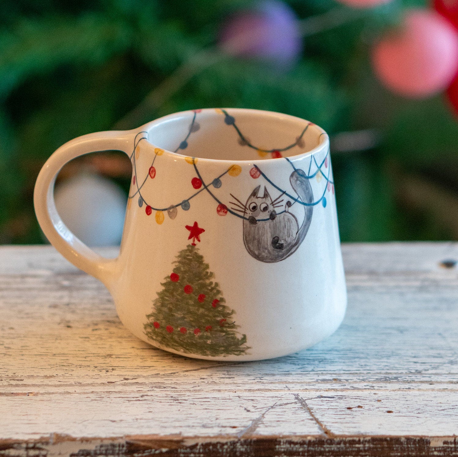 Cat Mug Handmade Christmas Coffee Mug, Cat Mom Mug, Christmas Tree Ornament Funny Cat, Xmas Mugs