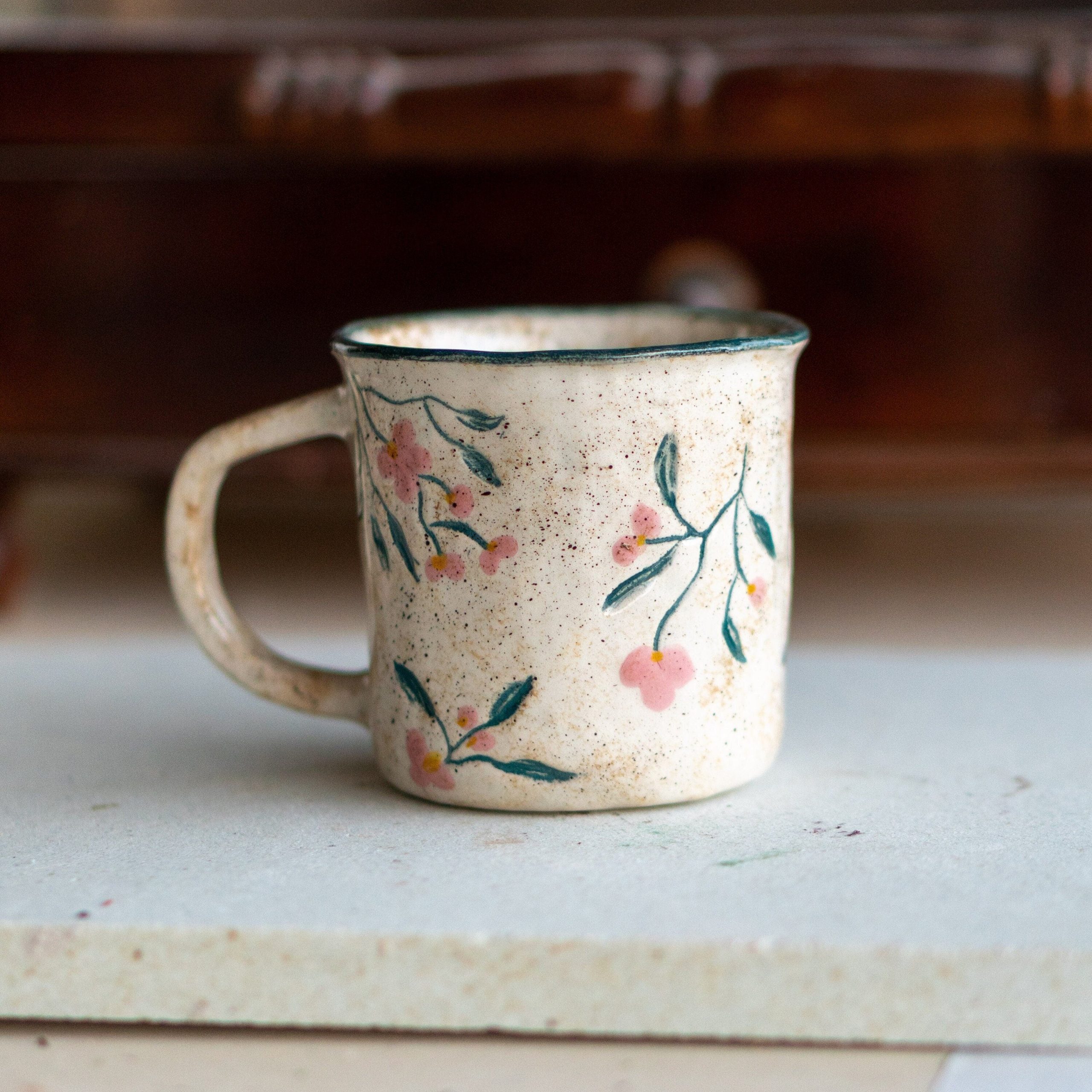 Floral Coffee Mug - Handmade Pottery Mug, Ceramic Cup One of a Kind
