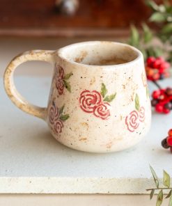 Rose Flower Pottery Mug - Ceramic Mug, Handmade Coffee Mug, Blossom Decorated Mug