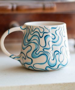 Blue Waves Coffee Mug - Abstract Ceramic Cup, Handmade Ceramic Coffee Mug