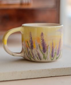 Lavender - Handmade Coffee Mug, Lavender Garden Floral Mug, Watercolor Painted Ceramic Mug, Sunset Landscape