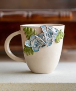 Handcrafted Floral Ceramic Mug - Artisan Blue Blossom Coffee Cup with 3D Leaf Accents, Valentines Day Gift