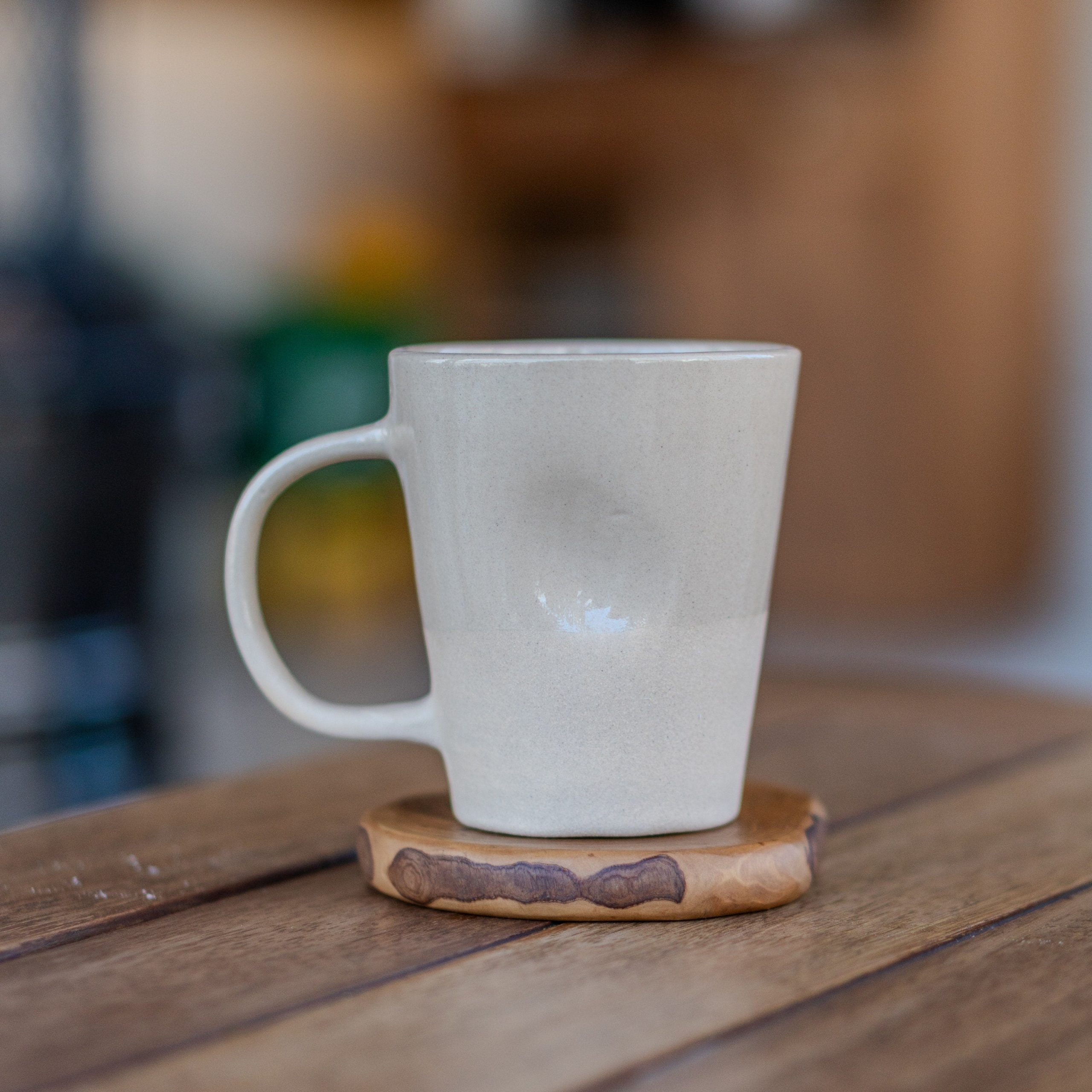 Stoneware Coffee Mug - Handmade Pottery Mug, Minimalist Handcrafted Ceramic Mug with Matching Wooden Coaster