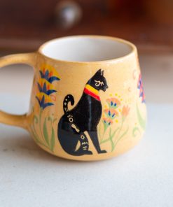 Egyptian Cat Mug with Hieroglyphs - Hand-Painted Ceramic Tea Cup Inspired by Ancient Egypt - Unique Bastet Deity and Eye of Horus Design