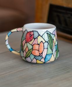 Lotus Flower Coffee Mug, Stained Glass Style, Handmade Ceramic Mug, Flower Decor Floral Mug
