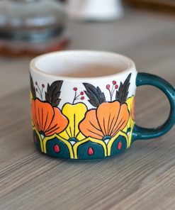 Pottery Mug - Floral Mug, 12oz Ceramic Coffee Mug, Handmade Pottery, Artistic Flower Design