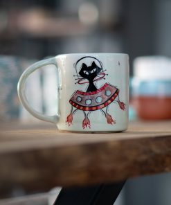 Handmade Atomic Cat Mug - Black Cat Mug, Handmade Ceramic Mug, Pottery Mug, Custom Cat Mug