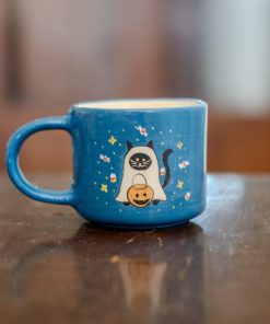 Cute Halloween Mug - Cat Mug, Handmade Ceramic Mug, Black Cat and Pumpkin Mug, Ghost Cat Funny Mug