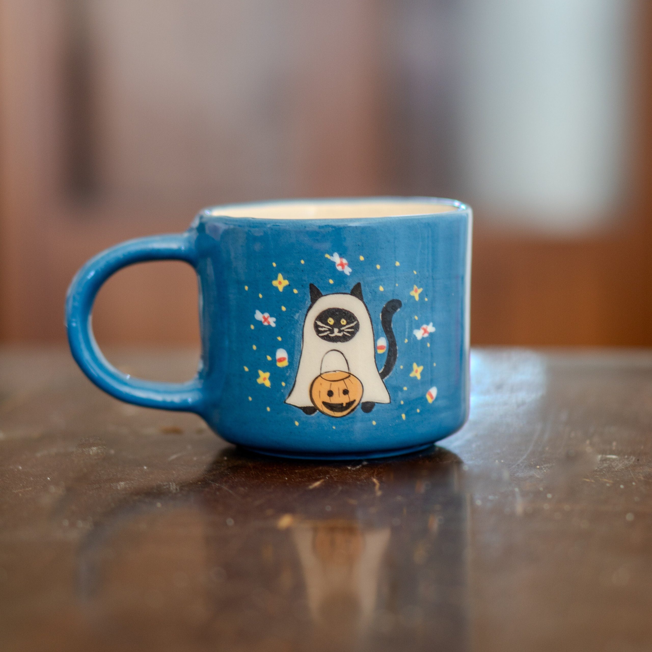Cute Halloween Mug - Cat Mug, Handmade Ceramic Mug, Black Cat and Pumpkin Mug, Ghost Cat Funny Mug