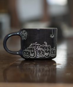 Spooky Halloween Ceramic Mug - Pumpkin Mug Witch Cat and Spider Mug, Black Artisan Coffee Cup