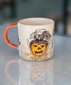 Halloween Pumpkin Mug - Pottery Mug, Bats and Ghosts Decor, Horror Mug