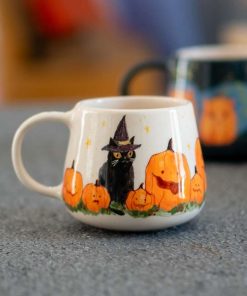 Halloween Cat Mug, Black Cat with Witch Hat and Pumpkins, Spooky Fall Decor