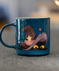 Halloween Cat Mug - Witch Hat Ceramic Coffee Mug, Spooky Hand-Painted Cup, Cute Halloween Gift, Handmade Pottery for Cat Lovers