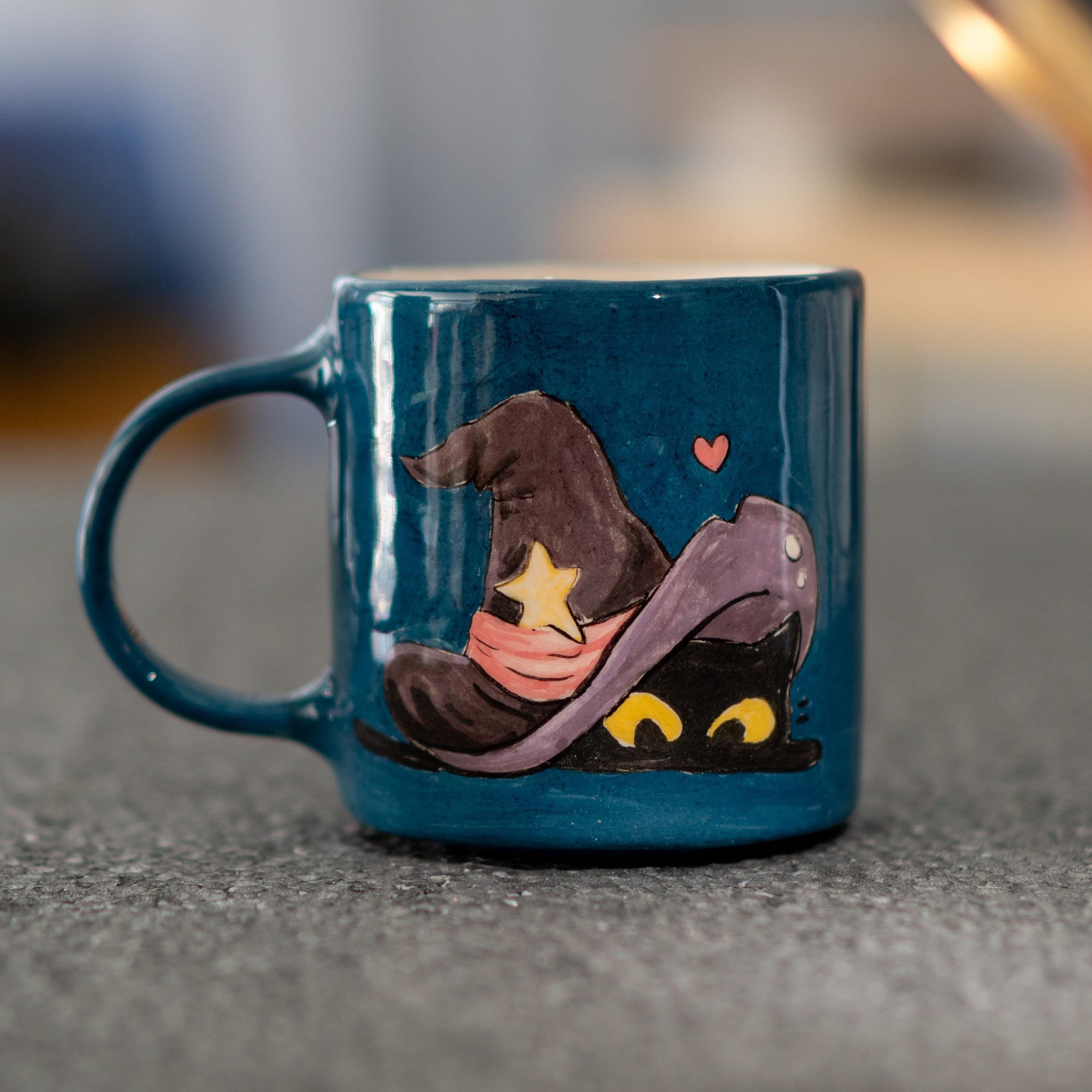 Halloween Cat Mug - Witch Hat Ceramic Coffee Mug, Spooky Hand-Painted Cup, Cute Halloween Gift, Handmade Pottery for Cat Lovers