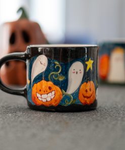 Halloween Pumpkin and Ghost Mug - Hand-Painted Ceramic Coffee Cup, Spooky and Fun Halloween Gift, Handmade Pottery for Fall