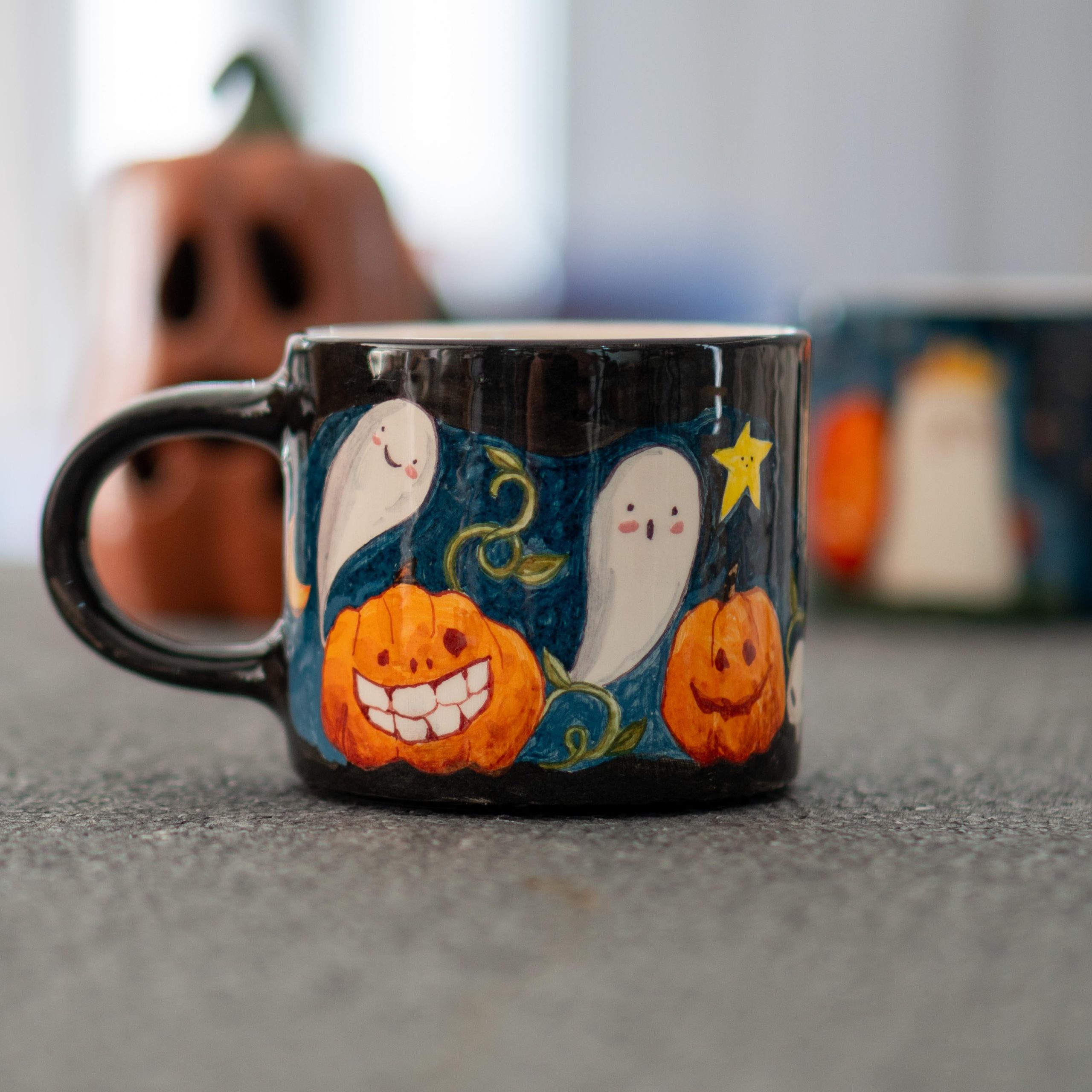 Halloween Pumpkin and Ghost Mug - Hand-Painted Ceramic Coffee Cup, Spooky and Fun Halloween Gift, Handmade Pottery for Fall