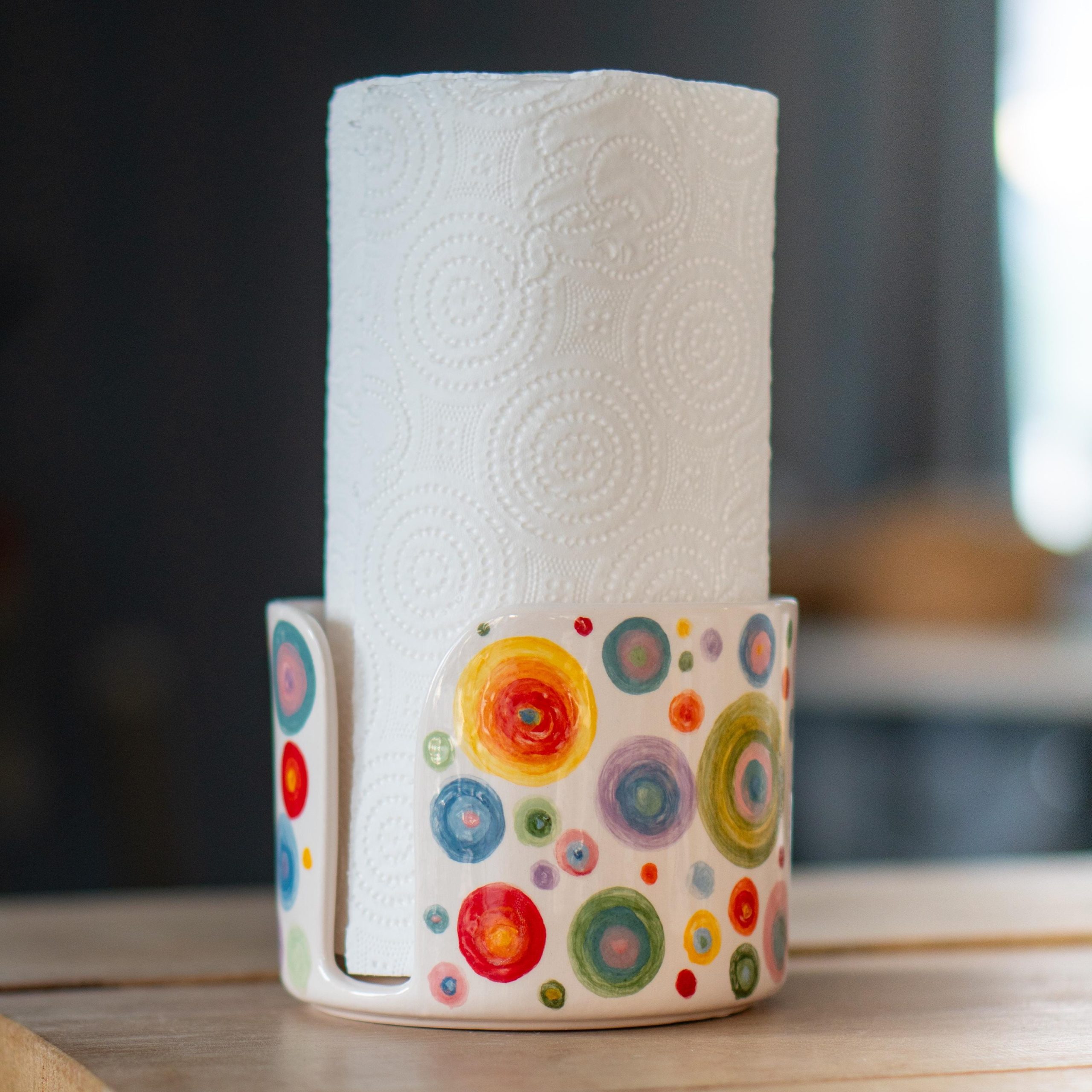Ceramic Paper Towel Holder, Hand-Painted Paper Towel Holder - Vibrant Dots Ceramic Kitchen Roll Stand, Unique Kitchen Organizer