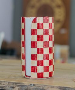 Handmade Checkered Ceramic Paper Towel Holder: Farmhouse Kitchen Decor