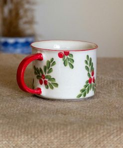 Christmas Mug Holly Flower Decorated, Cute Mug Pottery, New Year Decor