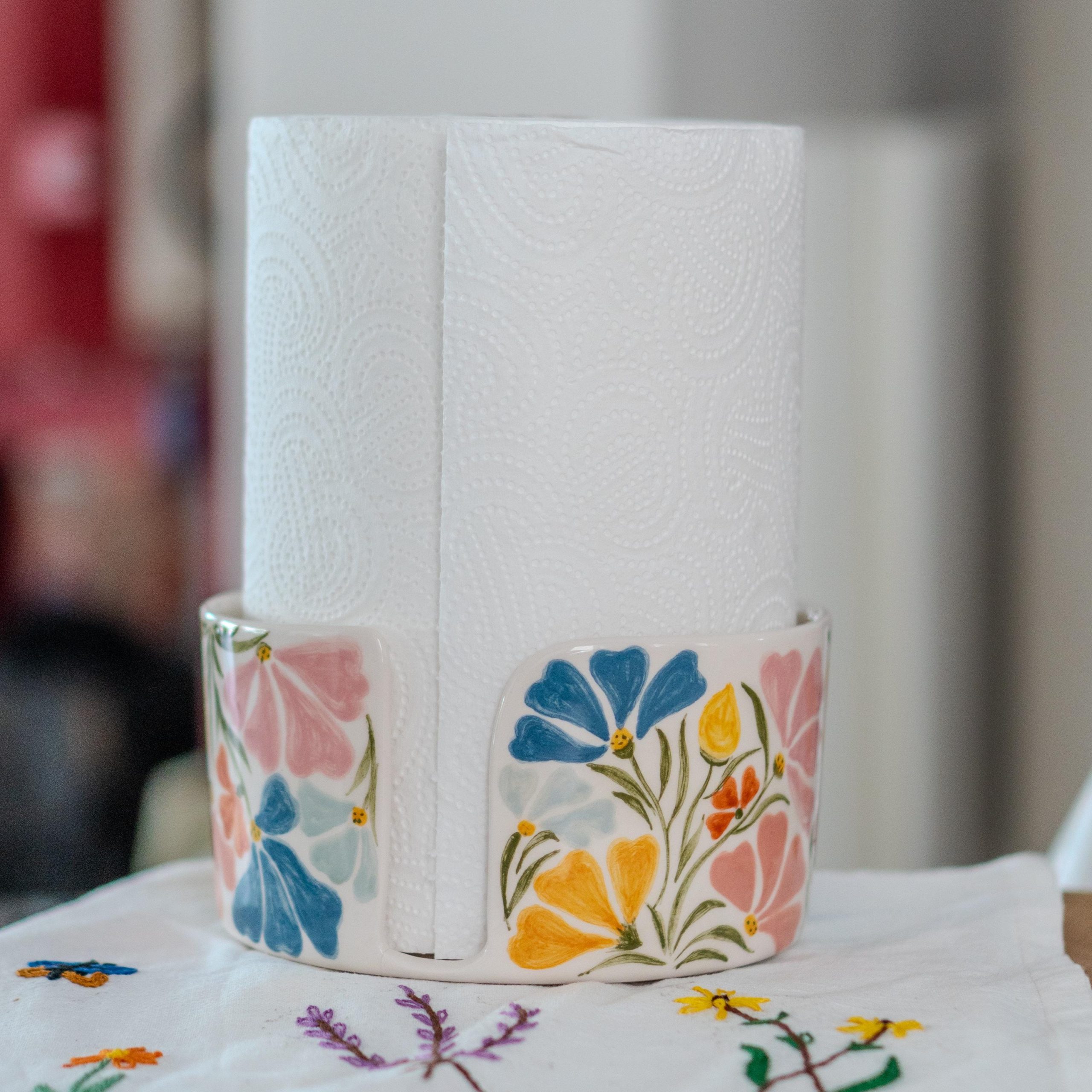 Handmade Ceramic Paper Towel Holder: Floral Holiday Kitchen Decor